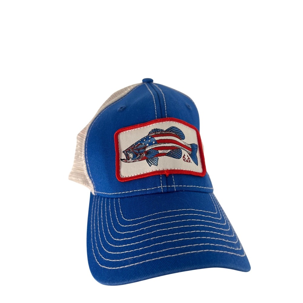 Realtree Fishing Mens Blue White American Flag Bass Trucker Snapback Hat Cap
